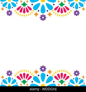 Vecteur populaire mexicain ou invitation à une fête de mariage, cartes de vœux, cadre coloré avec des fleurs bleues et formes abstraites sur blanc Illustration de Vecteur