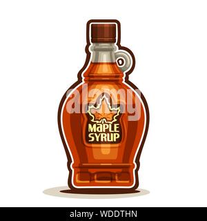 Vector cartoon, bouteille de sirop d'érable de cruet nectar, bouteille en verre souvenir du sirop avec feuille sur étiquette, isolated on white backgrou Illustration de Vecteur