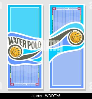 Bannières verticales vecteur pour le water-polo, blue invitation ticket pour sports arena pour le texte d'info avec piscine et waterpolo matériel, l'eau jaune Illustration de Vecteur