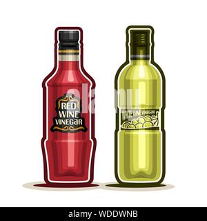 Vector Red et du vinaigre de vin blanc, raisin contenant bouteilles acetum avec bouchon en plastique, verre bouteille de vinaigre de vin naturel avec étiquette, isolated on white Illustration de Vecteur