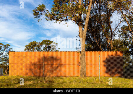 Récipient Orange vacant permanent derrière clôture de fer. Banque D'Images