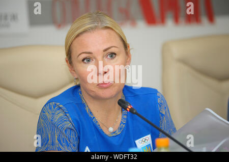 Svetlana Kuznetsova, coach et mère de la 2018 et 2019 médaillé d'or mondial Bilodid Daria (judo), donnant une conférence de presse. Le 29 août 2019. Kiev, U Banque D'Images