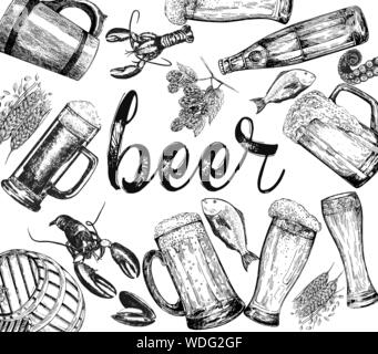 Poster/carte composition du croquis à main bière style objets connexes isolé sur fond blanc. Vector illustration. Illustration de Vecteur