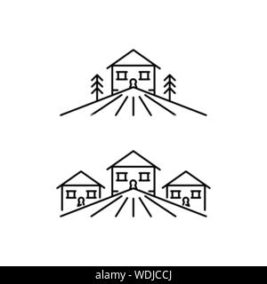Maisons dans les montagnes icons set dans les grandes lignes, les bâtiments de style Cottages dans la gamme de montagne vector illustration isolé sur fond blanc Illustration de Vecteur