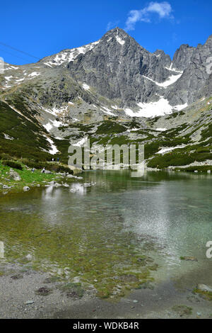 Un paysage en hautes Tatra avec le lac Skalnate pleso et Pic Lomnicky. La petite voiture rouge sur son chemin vers le sommet est à peine à voir. Banque D'Images