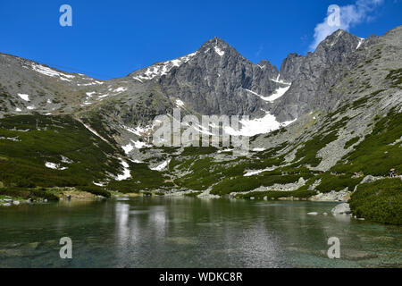 Un paysage dans les Hautes Tatras avec le lac Skalnate pleso et Pic Lomnicky. La petite voiture rouge sur son chemin vers le sommet est à peine à voir. Banque D'Images