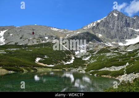 Un paysage dans les Hautes Tatras avec le lac Skalnate pleso et Pic Lomnicky. Le téléphérique rouge sur la gauche est sur son chemin vers le sommet. L'eau dans t Banque D'Images