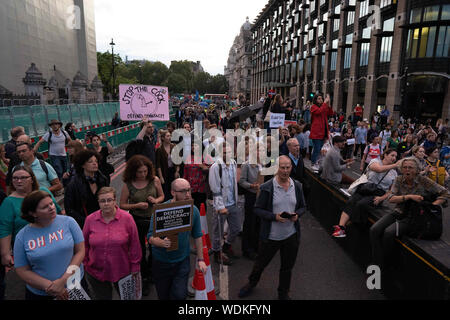 Le 28 août 2019, Londres, Royaume-Uni : Des manifestants tiennent des pancartes lors de la manifestation..Des centaines de protestation contre Boris Johnson à l'extérieur du parlement de Westminster Bridge. (Crédit Image : © Harrison-Cripps Lexie/SOPA des images à l'aide de Zuma sur le fil) Banque D'Images