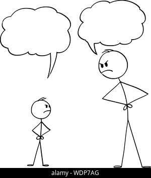 Vector cartoon stick figure dessin illustration conceptuelle de l'homme ou le père ou la mère et fille ou fils combats ou discuter de quelque chose. Bulles de texte vide pour votre texte. Illustration de Vecteur