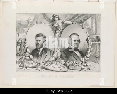 Grant & Wilson Résumé : Print affiche une bannière de la campagne pour le 1872 National Républicain billet. La figure de la liberté se dresse entre portraits de candidate présidentielle Ulysses S. Grant et colistier Henry Wilson. Grant's portrait est ornée de feuilles de chêne et de Wilson's avec huile d'olive ou de branches de laurier. Sur la gauche sont associés à l'attirail militaire Grant--rifles, un canon, et une épée. Au-delà est une cabane. Sur la droite se trouvent un bureau et de la Constitution. Dans la distance est une vue de la capitale américaine. Ci-dessous, avant que les deux portraits, est un bouclier inscrit Laissez-nous avons Pea Banque D'Images