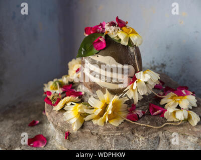 Shiva linga culte décorées de fleurs à Varanasi, Uttar Pradesh, Inde, Asie Banque D'Images