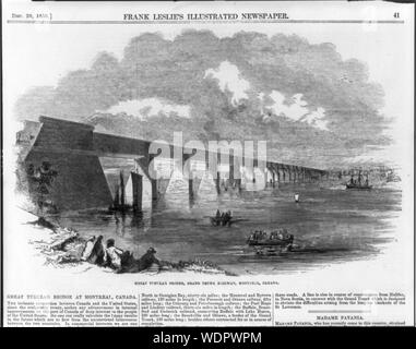 Grand pont tubulaire, Grand Trunk Railway, Montréal, Canada Résumé/moyenne : 1 tirage : la gravure sur bois. Banque D'Images