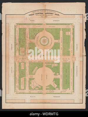 Plan de masse des bâtiments de la grande foire sanitaire centrale, Logan Square, Philadelphie, Juin 1864 Résumé/moyenne : 1 : Impression feuille lithographie coloriée au 60,8 x 48,1 cm. Banque D'Images