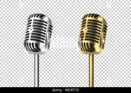 Vector Retro 3D réaliste d'or et d'argent métal acier Concert Ensemble Microphone Vocal libre isolé sur fond transparent. Modèle de conception Illustration de Vecteur