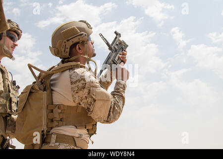 Les forces spéciales de la marine de l'Arabie Saoudite avec le commandement des opérations spéciales de l'armée américaine effectuer de la formation d'armes sur le M320 40mm grenade launcher dans une zone d'entraînement tactique à Amman, Jordanie, le 28 août 2019, au cours de l'exercice 2019 lion avide. Lion avide, le Commandement central américain le plus grand et le plus complexe de l'exercice, est l'occasion d'intégrer les forces armées dans un environnement multilatéral, fonctionner en terrain réaliste et de renforcer les relations militaires. (U.S. La Garde nationale de l'armée photo par le Sgt. Bistarkey Devon) Banque D'Images