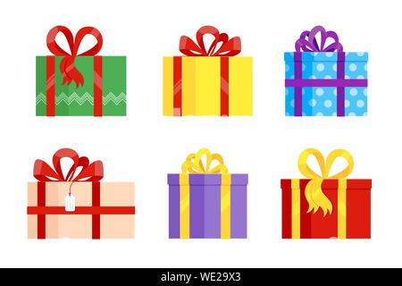 Série de boîtes cadeaux avec de gros ruban et noeud sur à plat style design vector illustration isolé sur fond blanc. Wrapped present pour holida Illustration de Vecteur