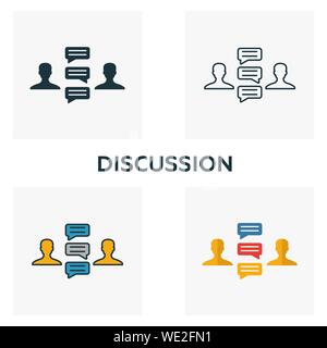 Discussion icon set. Quatre éléments dans diférents styles à partir de la gestion d'icônes collection. Discussion créative rempli d'icônes de couleur, Contours, Illustration de Vecteur