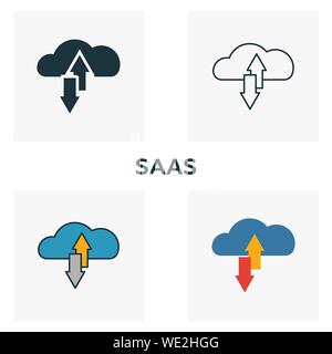 Le Saas icon set. Quatre éléments dans diférents styles à partir de la gestion d'icônes collection. Saas créatif rempli d'icônes de couleur, contours, et télévision Illustration de Vecteur