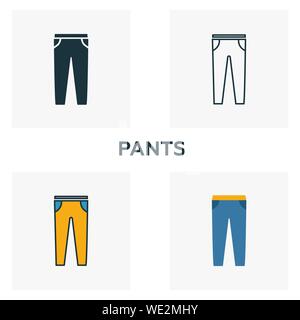 Pantalon icon set. Quatre éléments dans diférents styles à partir d'icônes vêtements collection. Pantalon créatif rempli d'icônes de couleur, contours, symboles et télévision Illustration de Vecteur