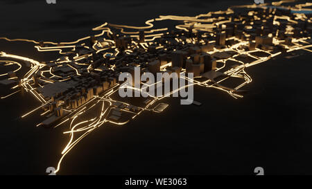 La ville moderne de circulation routière dans la nuit. Style Cyberpunk 3D illustration Banque D'Images