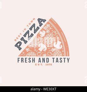 Chaud et frais pizza retro design badge. Vector illustration. Vintage design pour café, restaurant, pub ou fast food business. Modèle pour les objets d'identité restaurant, l'emballage et menu Illustration de Vecteur