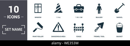 Construction Tools icon set. Télévision, godet remplis contiennent rouleau à peindre, pelle, marteau, cône, douille, grue, pied à coulisse d'icônes. Format modifiable Banque D'Images