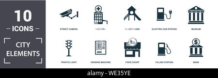 City Elements icon set. Télévision remplis contiennent des distributeur automatique, location parking, station-service, aire de jeux, parc de loisirs, musée d'icônes. Format modifiable Banque D'Images