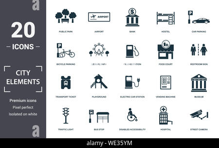 City Elements icon set. Accessibilité handicapés télévision remplis contiennent, feu de circulation, stationnement pour vélos, parking, station-service, l'appareil photo de rue Banque D'Images