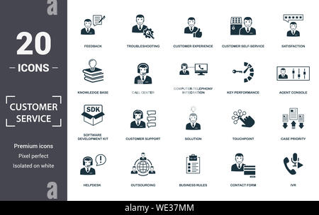 Customer Service icon set. Contenir la console de l'agent, remplis de télévision priorité du cas, l'expérience client, le self-service client, support technique, base de connaissances Banque D'Images