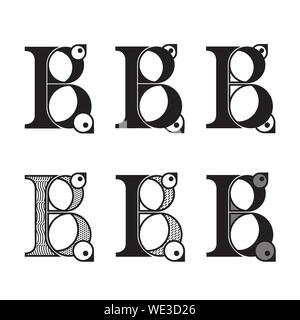 Ensemble de six lettres stylisées B avec des oiseaux. Lettrage pour utilisation dans le design. Vector EPS10 Illustration de Vecteur