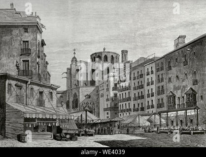 Espagne, Catalogne, Barcelone. 'El Bornet'. Vieux marché aux environs de l'église de Santa Maria del Mar. Son existence remonte au moins à partir de la 15e siècle, bien qu'il a acquis une plus grande importance tout au long du xixe siècle. La zone a été touché quand les murs ont été démolis en 1874, mais "El Bornet' a été transformé par l'Exposition Universelle de 1888. De nouveaux bâtiments ont été construits, y compris un nouveau marché dont les travaux ont commencé en 1874 et achevé en 1876. Vue de la région avant la construction du nouveau marché en 1874.Dessin de A. Rigalt. Gravure de E. Alba. La Ilustracion Españo Banque D'Images