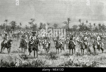 Île de Cuba. La guerre de Dix Ans (1868-1878). Il a fait partie de la lutte pour l'indépendance de l'Espagne. Le 10 octobre 1868, Carlos Manuel de Cespedes et ses disciples proclame son indépendance, à partir du conflit. Une escouade de volontaires cubains avec prudence à l'avancement dans un service d'exploration. Gravure de Capuz. La Ilustracion Española y Americana, le 30 décembre 1876. Banque D'Images