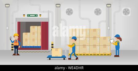 Dans l'entrepôt avec processus de travail travailleurs modèle plat vector illustration Illustration de Vecteur