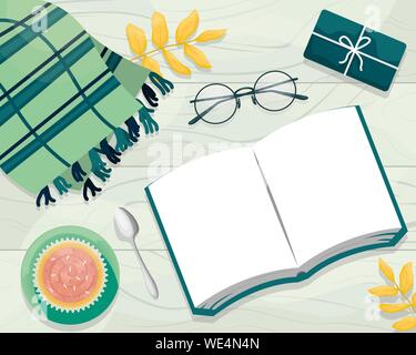 Mise à plat de l'automne avec le livre, lunettes, écharpe en laine, cupcake et les feuilles d'automne. Télévision vector illustration. Place pour le texte Illustration de Vecteur