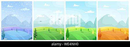 Ensemble de plats saisonniers vector cartoon paysage. Champs avec des arbres et montagnes en arrière-plan. Ciel avec nuages. Quatre saisons Illustration de Vecteur