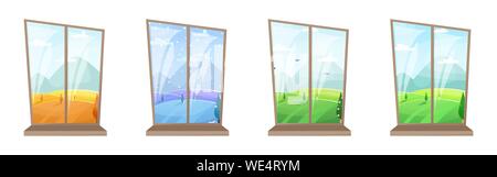 Ensemble de 4 fenêtres avec les différentes saisons. Des intérieurs confortables. Été, Automne, hiver, printemps. Télévision vector illustration. Illustration de Vecteur