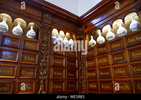 Visite de la Cité Internationale de la gastronomie de l'avant de sa prochaine ouverture au public, la Collection de pots d'apothicaire exposés dans le Grand-Dome de l'ancien hôpital Hôtel-Dieu, Lyon, France Banque D'Images