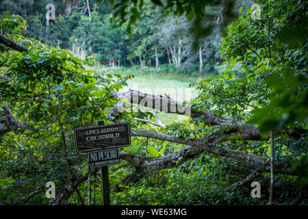 Panneau indiquant le danger de crocodiles, avec en arrière-plan le lac entouré de forêt. Prises à Tikal, Guatemala. Banque D'Images