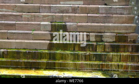 Riverside escalier avec des mesures concrètes couvertes en mousse verte,Belfast Banque D'Images