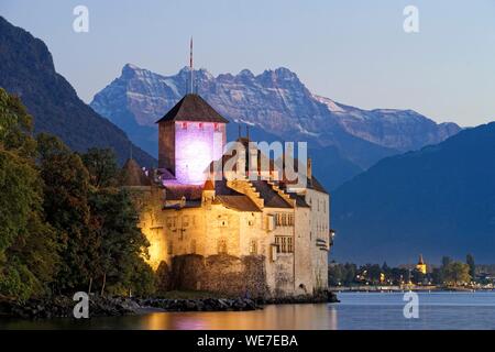 Suisse, Canton de Vaud, le lac de Genève, Veytaux, le château de Chillon à Montreux du Sud Banque D'Images