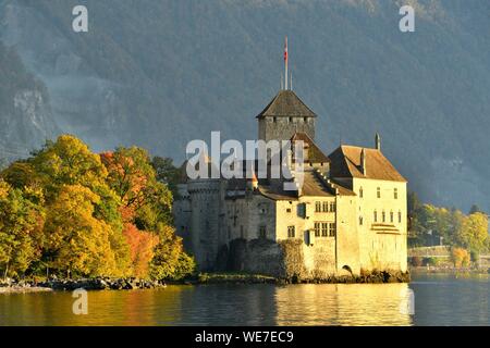 Suisse, Canton de Vaud, le lac de Genève, Veytaux, le château de Chillon à Montreux du Sud Banque D'Images