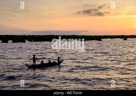 Le Cambodge, Kompong Phluc Phluc ou Kampong, près de Siem Reap, les pêcheurs près de la forêt inondée sur les rives du lac Tonlé Sap Banque D'Images