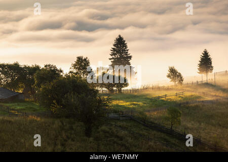 Paysage d'été du village de montagne en Bucovine. Beau lever de soleil à la lisière de la forêt. Vue aérienne au-dessus du village de montagne en Roumanie Banque D'Images