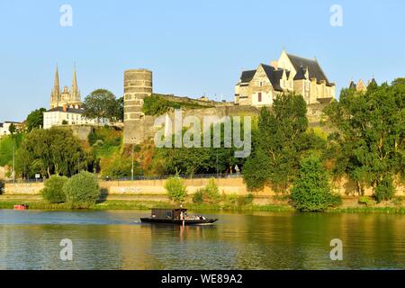 France, Maine et Loire, Angers, Maine rives, le château des ducs d'Anjou et de la cathédrale Saint Maurice en arrière-plan Banque D'Images