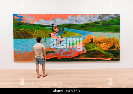 Peinture d'art de l'homme, vue d'un jeune homme regardant Uh Oh, Regarder Qui A Été mouillé (2019) par Janiva Ellis, Whitney Museum Of American Art, New York City, États-Unis Banque D'Images