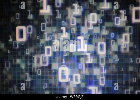 À plusieurs couches de données binaires. double exposition de l'écran afficher le numéro un et zéro, en forme de grille. retro langage informatique moderne et des données co Banque D'Images