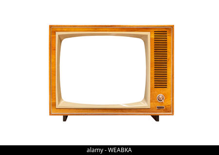 Vintage TV avec écran blanc isolé sur fond blanc, la technologie de télévision analogique, vue avant cut out Banque D'Images