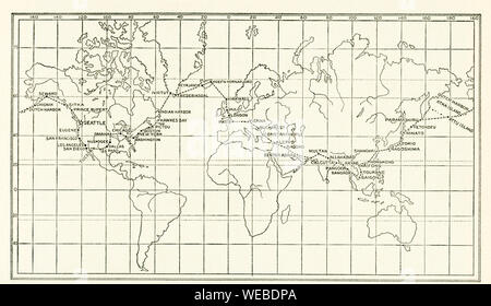 L'image dates pour le début des années 20. Dans le monde entier par avion. Graphique de l'air historique voyage autour du monde fait par American flyers qui ont quitté Santa Monica, Los Angeles, Californie, le 17 mars 1924, battant au moyen d'Alaska, le Japon, la Chine, l'Inde, la Mésopotamie, l'Europe, l'Islande, le Canada, et en traversant les États-Unis par étapes, facile d'arriver à Seattle, le 28 septembre. Banque D'Images