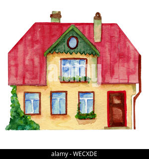 L'aquarelle à la main cabine européen isolé sur fond blanc. Design pour enfants illustration, saison offre, de fonds. Maison d'été Banque D'Images