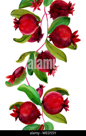 Aquarelle hand drawn seamless border verticale de fruits frais- grenade. Fruits avec des feuilles et fleurs sur la branche sur fond blanc. Thème de l'alimentation Banque D'Images